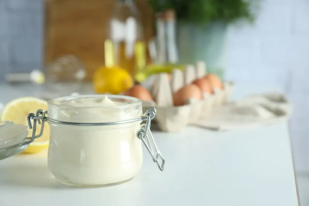 Un pot de mayonnaise posé sur une surface blanche