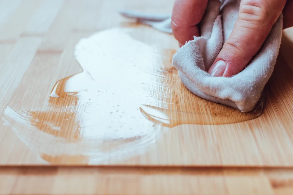 Une personne qui utilise un chiffon pour nettoyer une surface en bois avec de la graisse